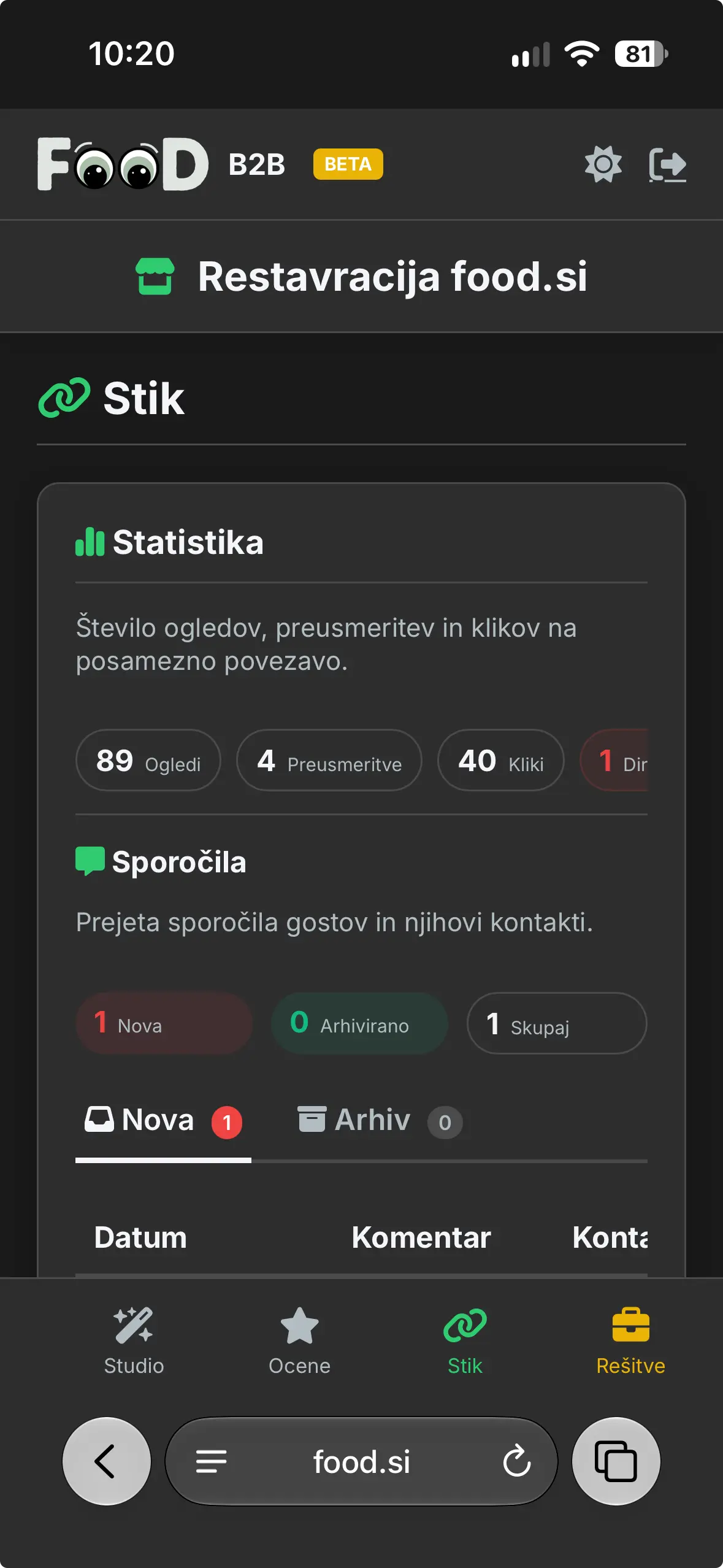 Prikaz B2B portala na telefonu